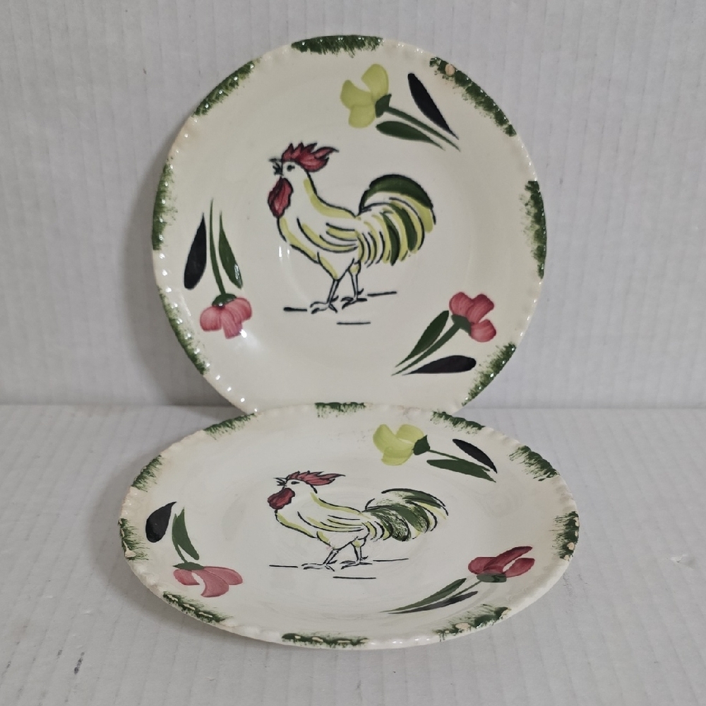 2 Vintage Unmarked Blue Ridge Pottery Rooster Ceramic Saucers
